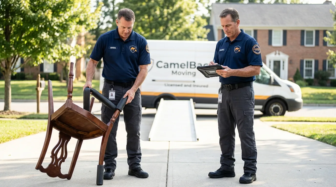 Movers inspecting furniture for damage prevention before loading in Tiptonville, TN