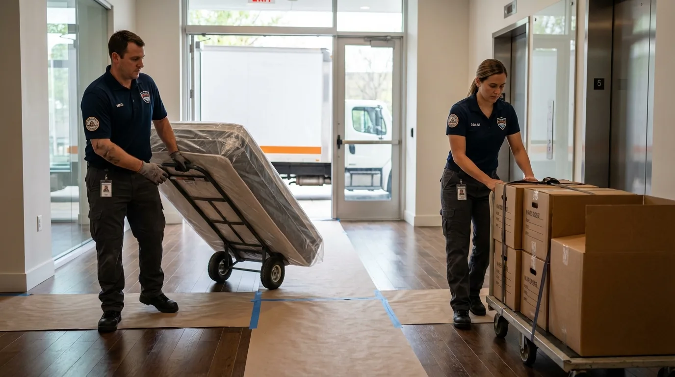 Professional apartment movers loading elevator in Tiptonville, TN